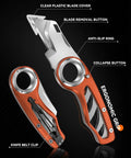 Badass Folding Utility Knife With Secure Finger Loop And Quick Swap Razor Blades For Heavy Duty Box Cutting On The Job Or Around The Workshop And Basement, showcasing ergonomic grip and blade removal features.