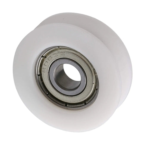 Four Pc U Groove Pom Pulleys With Eight mm Bore And 34 mm Outer Diameter, white POM roller with metal bearing, designed for smooth movement.