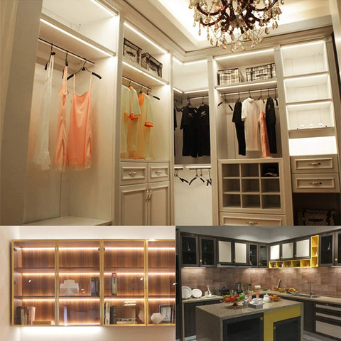 Under Cabinet LED Lights Kit 8 Pack 11 Inch Linkable Dimmable 6000K Cold White installed in kitchen and closet cabinets