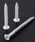 30 Pack 1/4 X 1-3/4 Inch White Flat Head Concrete Screws Professional Carbon Steel Masonry Anchors on black background.