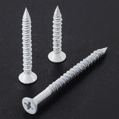 30 Pack 1/4 X 1-3/4 Inch White Flat Head Concrete Screws Professional Carbon Steel Masonry Anchors on black background.