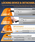 Pro Shop Grade Locking Drawer Slides Side Mount Full Extension Ball Bearing Runners With Removable Security Handles For Garage Drawers And Pickup Rigs 150 Pound Load Capacity One Pair Twelve Inch Track locking device features and mechanism, showing lock-in, push to unlock, and detach processes.