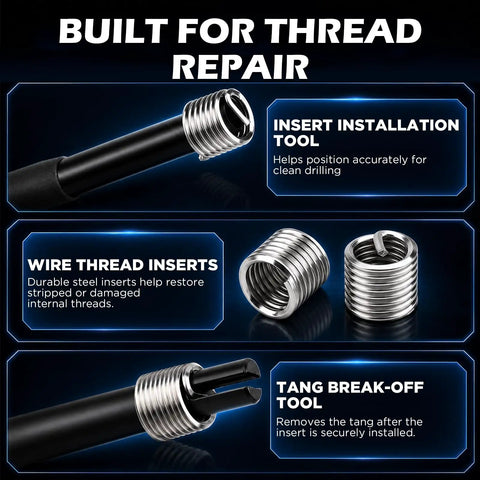 Top Shelf Sae Thread Repair Kit With Hss Drill Bits And Iron Tough Taps includes insert installation tool and wire thread inserts.