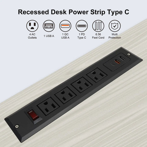 Mountable USB C Power Strip With Recessed Desk Installation 20W Fast Charge 4 Outlets And 3 USB Ports flush mounted on desk