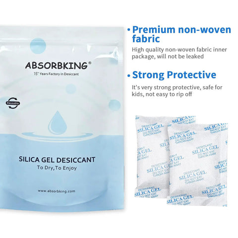 Hella Dry Reusable Silica Gel Packets Bring Top Shelf Moisture Absorbers, 25 food safe desiccant bags in sealed packaging.