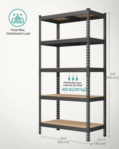 Rock Solid Steel Shelving Rack Set Of Two With Five Adjustable Levels Zero Fuss Boltless Setup Holds Heavy Loads Up To 462 Pounds Per Tier shown with measurements and load capacity.