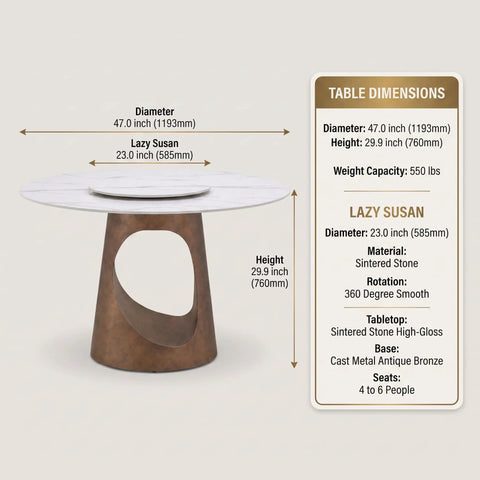 Built Tough 47 Inch Round Dining Table With White Sintered Stone Top And Legit Smooth Rotating Lazy Susan, dimensions and materials displayed.