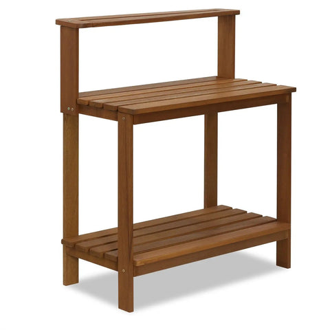 Tioman Outdoor Potting Bench In Natural Hardwood For Small Patios And Balconies With A Tall Open Frame And Slatted Shelves That Drain Water