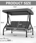 Dimensions of Three Seat Patio Swing With Adjustable Canopy And Stand, Heavy Duty Outdoor Porch Swing For Adults Up To 800 Lbs