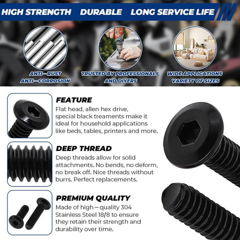 65mm Flat Head Hex Socket Cap Screws 10 Pack Black Coated 304 Stainless Steel M6 6mm Thread 1.0 Pitch shown with close-up description of features and benefits.
