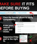 amazon confirmed fit compatibility verification steps for vehicle parts before buying, featuring selection interface and guidance.