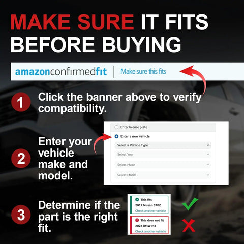amazon confirmed fit compatibility verification steps for vehicle parts before buying, featuring selection interface and guidance.