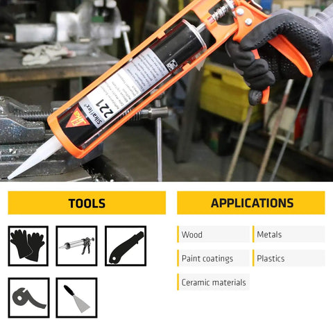 Applying Do It All Black Polyurethane Sealant Adhesive, 10.1 Fl Oz, in a caulking gun on metal surface, highlighting tools and applications.