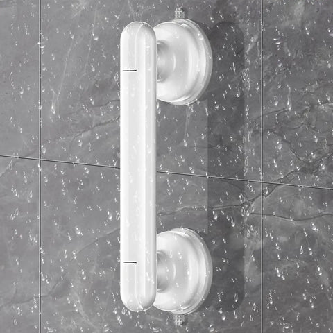 Premium Upgraded Rock Solid Two Pack Shower Grab Bars For Bathroom Wall, Heavy Duty Non Slip Suction Handles With Zero Drilling Nonsense, Game Changing Senior Safety Assist Grips, Reusable Black White Set mounted on wet tile wall.