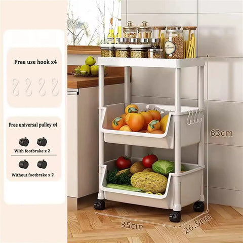 Rolling Storage Cart With Sweet Smooth Rollers And Three Layer Utility Shelf Rack For Cluttered Closets And Take It Anyway You Want And Mobile Organizer For Bathroom Kitchen Bedroom Laundry holding fruits and vegetables in a kitchen setting.
