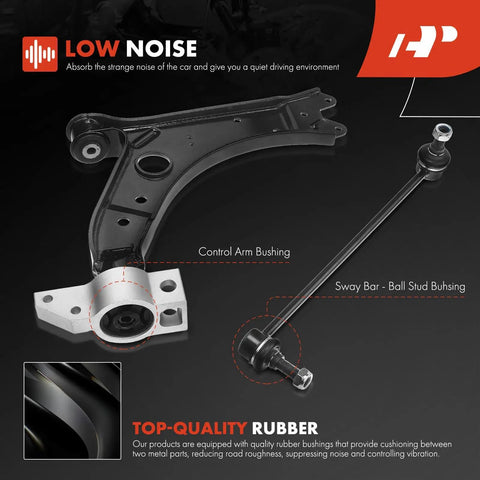 Eight Piece Front Suspension Upgrade Kit With Rock Solid Lower Control Arms And Ball Joints For Audi A3 And Volkswagen Jetta Models showing control arm and sway bar with bushings.