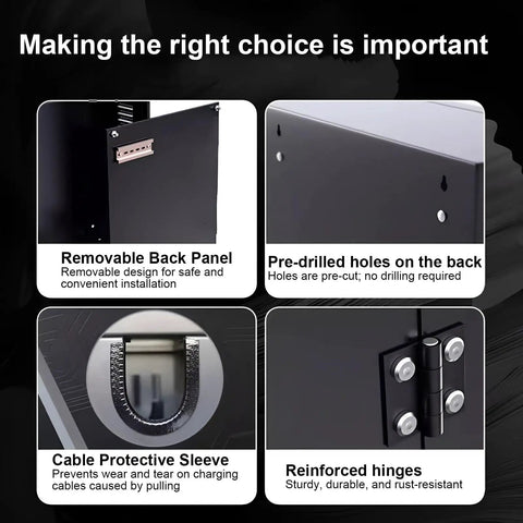 Heavy Duty EV Charger Lock Box Outdoor Wall Mount Station Enclosure With Tempered Glass Window showing removable back panel, cable sleeve, and pre-drilled holes.
