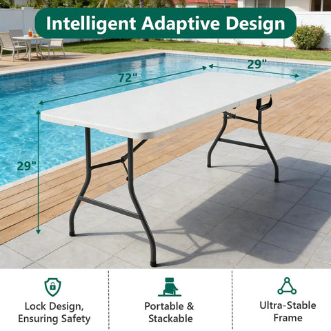 Six Foot Folding Table Portable Picnic Table For Indoor Outdoor Use Heavy Duty Plastic Table With Carry Handle Seats 6 To 8
