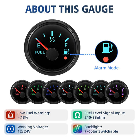 Heavy-Duty Fuel Sending Unit With Fuel Gauge Sender Kit 240-33 Ohm 5 Inch display showing fuel levels and alarm feature.
