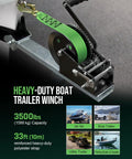 Rock Solid Boat Trailer Winch With Strap 3500 Lbs Hand Winch dual speed showing green polyester strap and steel gearbox.