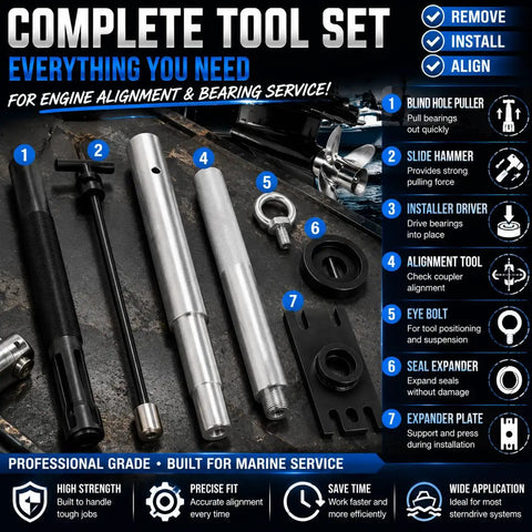 Pro Grade Engine Alignment Tool And Gimbal Bearing Installer Puller Set with components labeled on a workbench