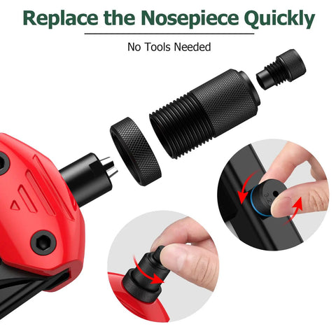 Boss Level Heavy Duty Manual Pop Rivet Gun Kit Featuring 200 Rugged Aluminum Rivets Plus Five Swap Out Nozzles close-up of easy no-tool nosepiece replacement.