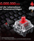 Slick Tri Mode Mechanical Keyboard With Snappy Blue Switches, Wireless Bluetooth And Fast Wired Connection, Clean 82 Key Profile, Hype Rgb Lighting, Beast Mode Battery Power For Serious Typing And Gaming close-up of a hot-swap mechanical switch with keycap puller.