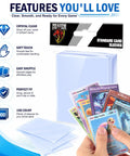 Hella Bulk 1000ct Clear Penny Sleeves For Trading Cards Offers Wicked Shielding For Your Collection Top view showing clear card sleeves and assorted trading cards.