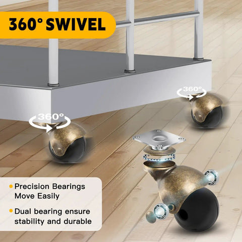 Smooth Operator 2 Inch Heavy Duty Double Ball Bearing Caster Wheels featuring sleek swivel design and brass accents for easy movement.