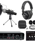 Top Shelf Podcast Bundle With Usb Audio Interface, dual dynamic mics, headphones, pop filters, and boom stands for creators.