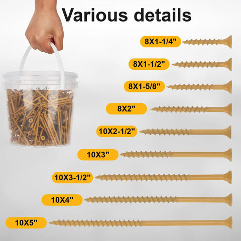 Various sizes of tan deck screws displayed with a bulk pack held, including Deck Screws No 8 One And A Half Inch T25 Torx Drive Flat Head Wood Screws Tan 5 Lb Bulk Pack With Free T25 Bit Green Packaging For Exterior Wood Projects No Pre Drilling Needed Easy DIY Deck And Fence Builds.