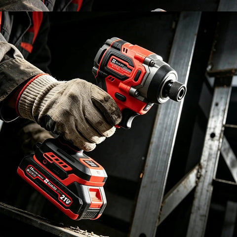 Top Shelf 21V Brushless Cordless Drill And Impact Driver Combo with battery, grip and chuck for powerful garage use.