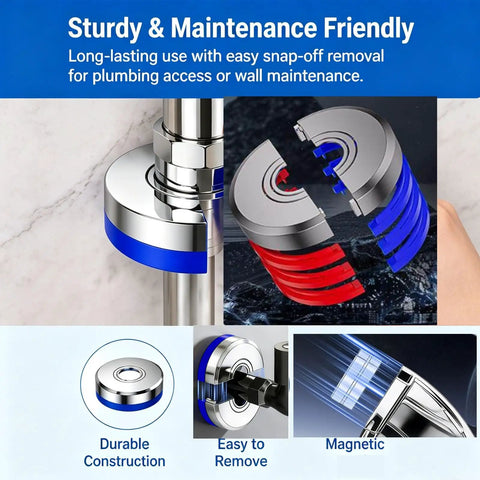 Magnetic Split Faucet Decorative Cover Wall Mount Pipe Escutcheon in two colors with easy snap-off installation for plumbing use.