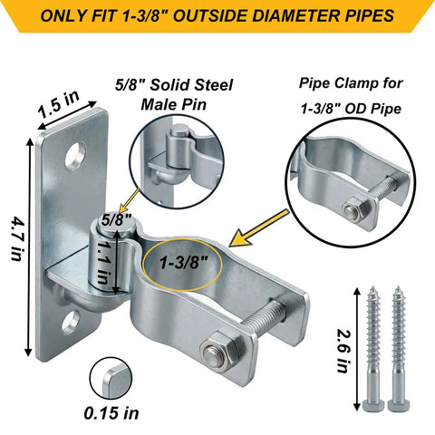 Heavy Duty Wall Mount Gate Hinges For 1 3 8 Inch Pipe Frames showing clamp details, solid steel material, and size specifications.