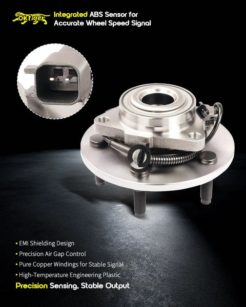 Plug And Play Front Wheel Bearing Hub Assembly With Slick Abs Wiring And Tough Five Lug Nuts For Dodge Ram 1500 Crew Cab Trucks Ready To Roll with integrated ABS sensor.