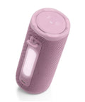 Pink Grip Compact Bluetooth Speaker with Bold Pro Sound and Ambient Light, rugged design, loop handle visible, close-up angle.