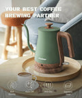 Gooseneck Electric Kettle 0.8L 1000W Stainless Steel Pour Over Kettle For Coffee And Tea With Auto Shut Off Wood Grain Handle In Matcha Green Durable Kitchen Essential For Quick Brew on table with cup