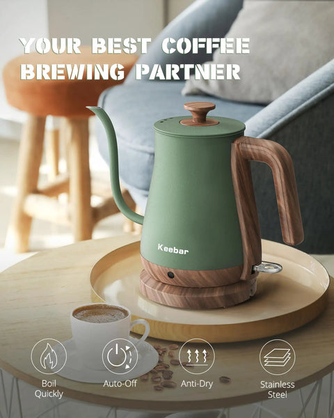 Gooseneck Electric Kettle 0.8L 1000W Stainless Steel Pour Over Kettle For Coffee And Tea With Auto Shut Off Wood Grain Handle In Matcha Green Durable Kitchen Essential For Quick Brew on table with cup