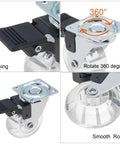 Crystal Clear 2 Inch Caster Wheels Set Of 8 With Brakes For Carts Cabinets Dressers And Benches 360 Degree Top Plate No Noise Locking Casters Heavy Duty PU Wheels