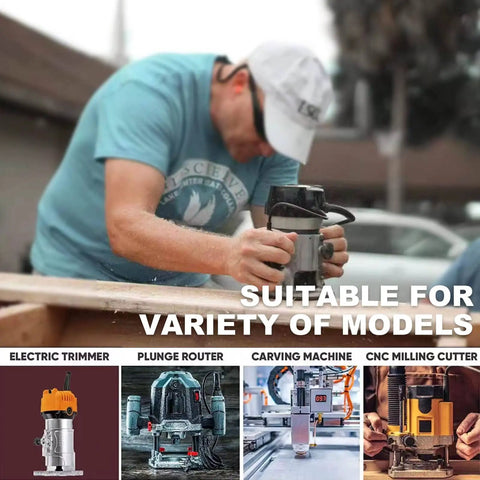 Person using a router tool with images of electric trimmer, plunge router, carving machine, and CNC milling cutter.