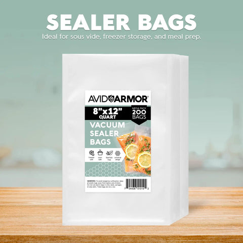 Heavy Duty Vacuum Sealer Bags 200 Quart 8x12 Inches For Food Storage And Sous Vide Meal Prep BPA Free Pre Cut Embossed Grooved Seal