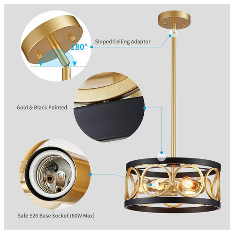 Three Light Modern Pendant Chandelier showing sloped ceiling adapter, gold and black paint, and E26 base socket details.