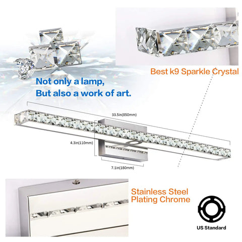Crystal Vanity Lights LED Thirty Three Point Five Inch Dimmable Bathroom Light Fixtures In Modern Chrome Over Mirror Vanity Bar Easy 15 Minute Hardwired Installation 30W LED Back Plate Included Sleek Contemporary Bath Glow details