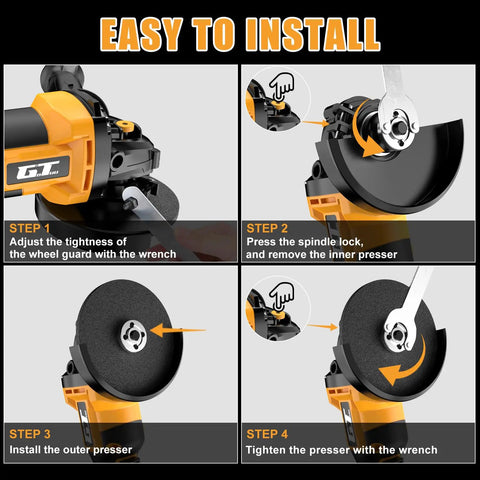 Easy installation steps for Killer Cordless Angle Grinder With Three Speed Settings And Paddle Safety Switch for DeWalt 20V Max.
