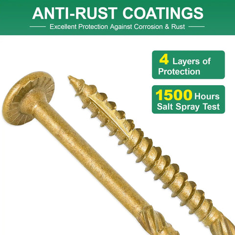 Close-up of Heavy Duty Outdoor Deck Screws 4 And A Half Inch 50 Pack Star Drive Wood Screws demonstrating rust-resistant coating.