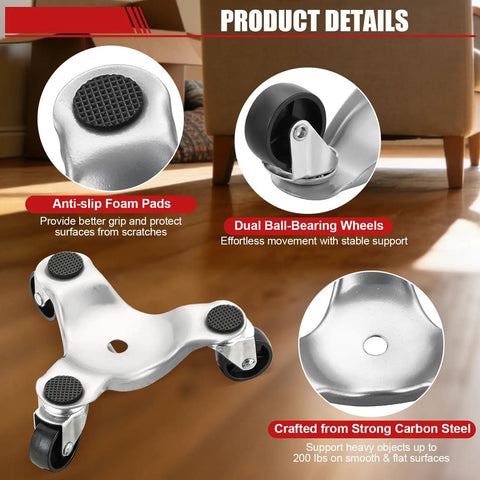 Close-up of Heavy Duty Steel Tri Dollies 4 Pack With Smooth Swivel Casters Supports Up To 800 Lbs details including foam pads.