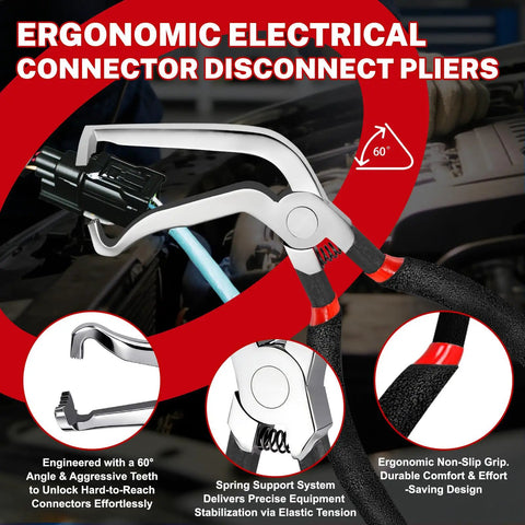 5 Piece Electrical Disconnect Pliers Set With Knuckle Friendly Textured Grips For Extracting Car Terminal Pins and Wire Terminals showing ergonomic design and grips.