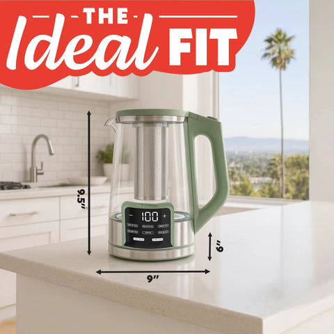 Green Electric Glass Kettle With 1.7L Capacity, Programmable Tea And Coffee Brewer, Digital Touch Display in kitchen.