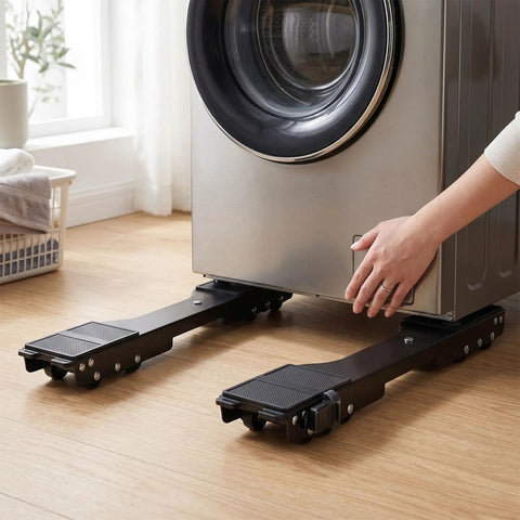 Heavy Duty Appliance Rollers With Extendable Frame And Adjustable Spacing For Smoothly Gliding Washers Refrigerators and Bulky Gear Across Tile Or Carpet Without Breaking A Sweat in use under a washer.