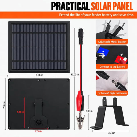 Built Different 12 Volt Solar Panel For Deer Feeders And Trail Cameras with adjustable bracket and alligator connectors.